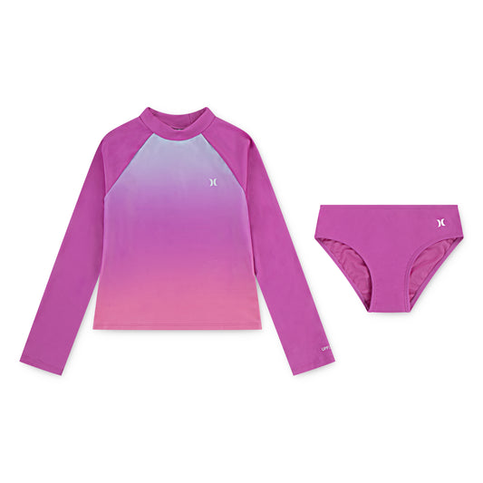 Maillot de bain - Hurley rashguard à manches longues dégradé violet rose et bas uni violet, pour enfant, vue de face et détail