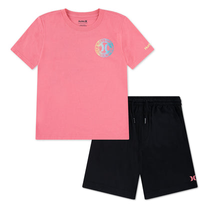 Ensemble - Hurley pour enfant garçon comprenant t-shirt rose à manches courtes avec logo coloré et short de bain noir, vue de face