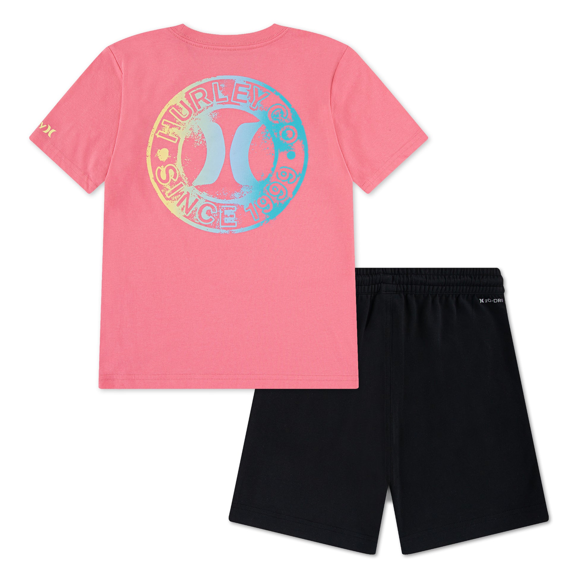 Ensemble - Hurley avec t-shirt rose à logo multicolore vue de dos et short noir, pour enfant, style plage, coton visible