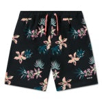 Maillot de bain - Hurley short en sergé noir avec motifs floraux roses et verts, taille élastique à cordon, vue de face porté sur mannequin.