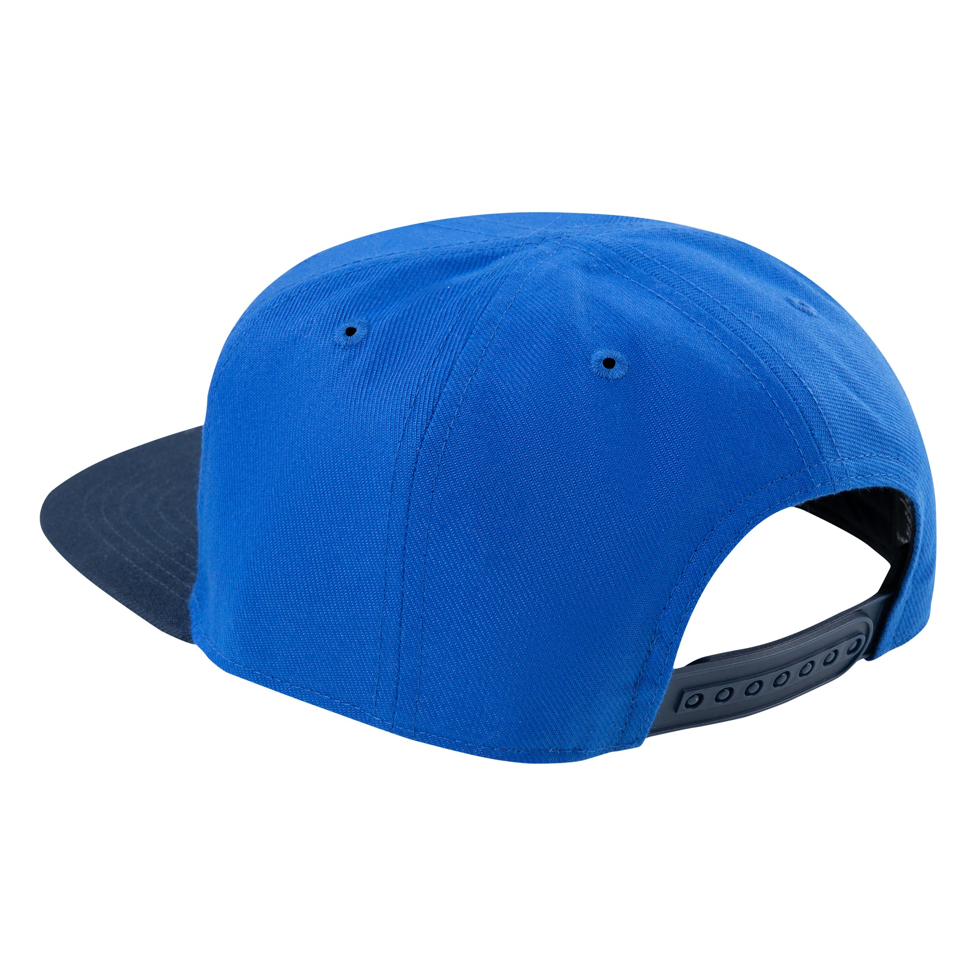 Casquette - Nike snapback bleue avec visière noire en poly twill, vue de dos, réglable par bandeau élastique.
