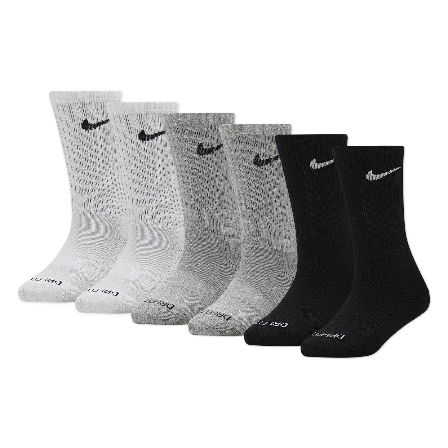6 Paires de bas - Nike en coton blanc, gris et noir avec logo noir et blanc, style sport, vue de face sur fond blanc.