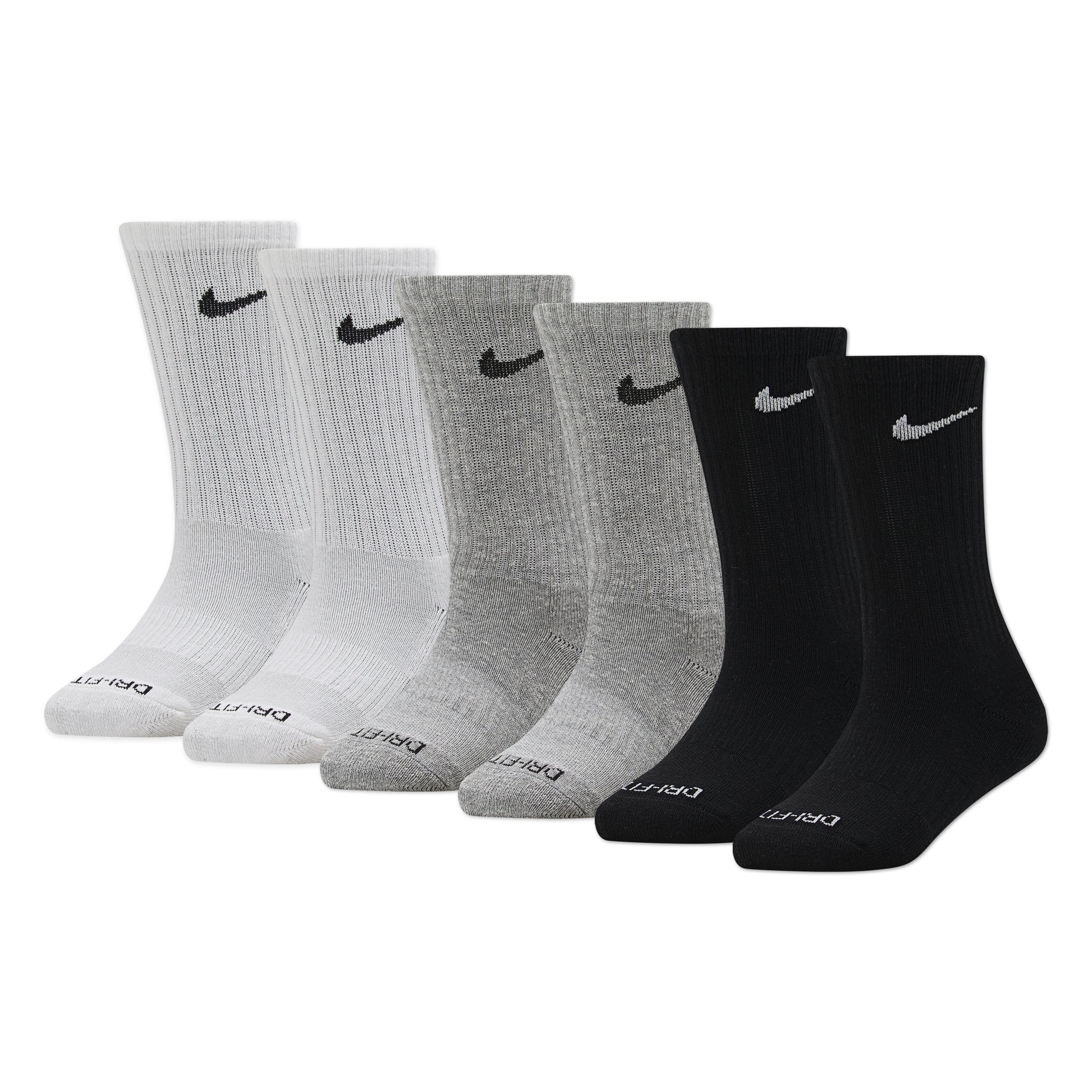 6 Paires de bas - Nike en coton blanc, gris et noir avec logo noir et blanc, style sport, vue de face sur fond blanc.