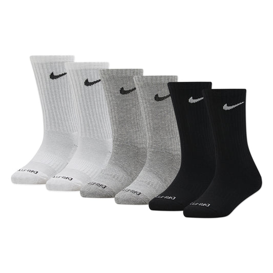 6 Paires de bas - Nike en coton blanc, gris et noir avec logo noir et blanc, style sport, vue de face sur fond blanc.
