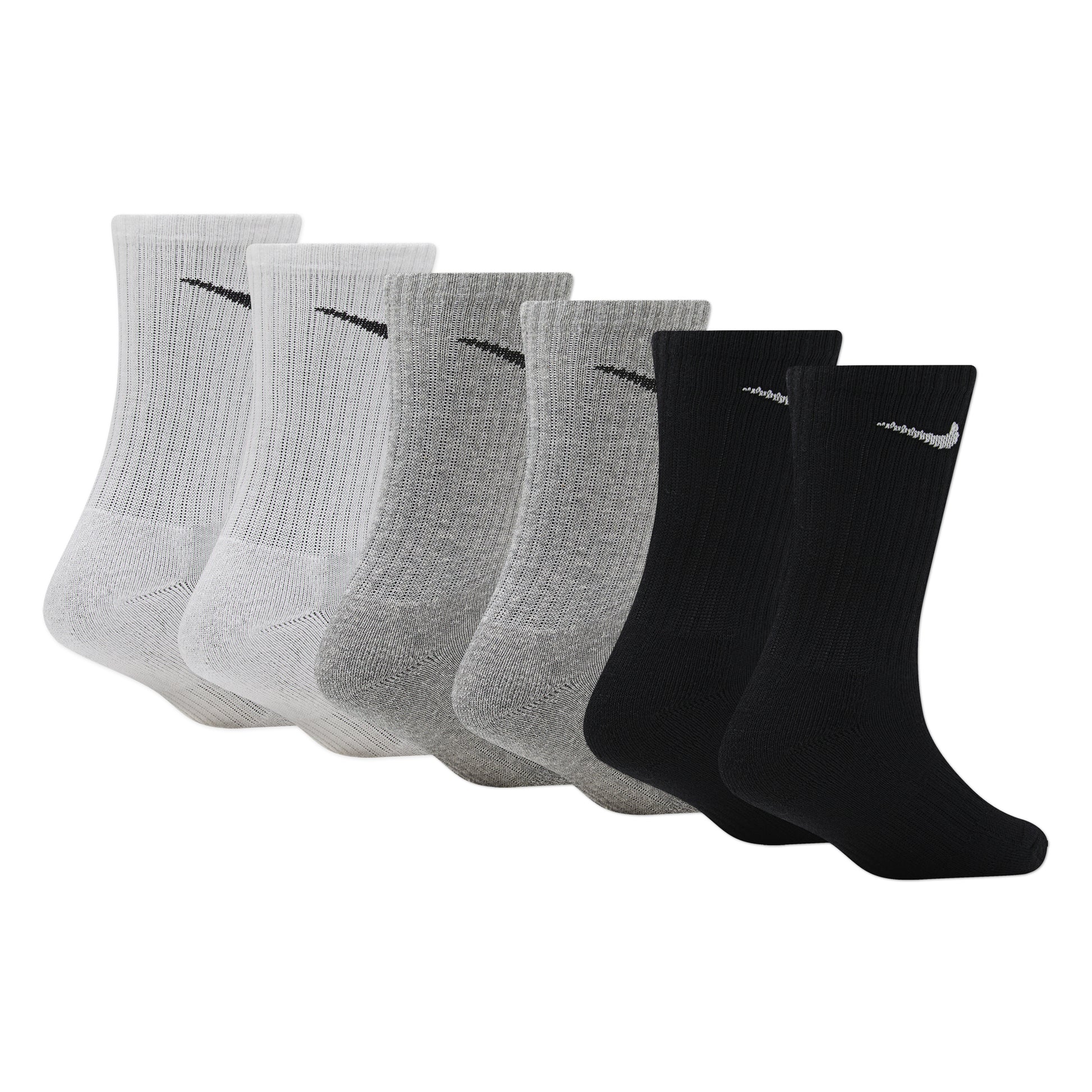 6 Paires de bas - Nike en coton, couleurs blanc, gris et noir, style mi-mollet, vue de profil avec logo swoosh visible