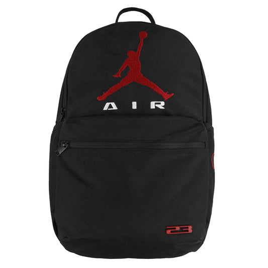 Sac à dos - Jordan noir avec logo rouge et blanc, style simple en tissu, vue de face, unisexe adulte.