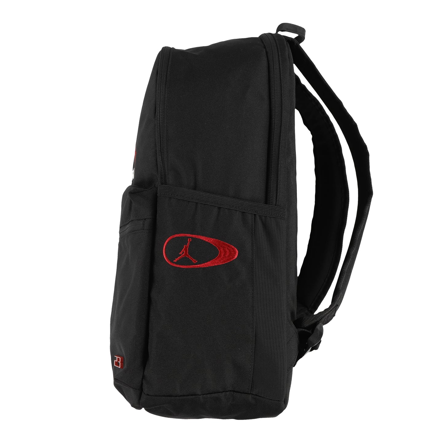 Sac à dos - Jordan noir avec logo rouge, style simple et léger, vue de profil, adapté pour enfant et adolescent.