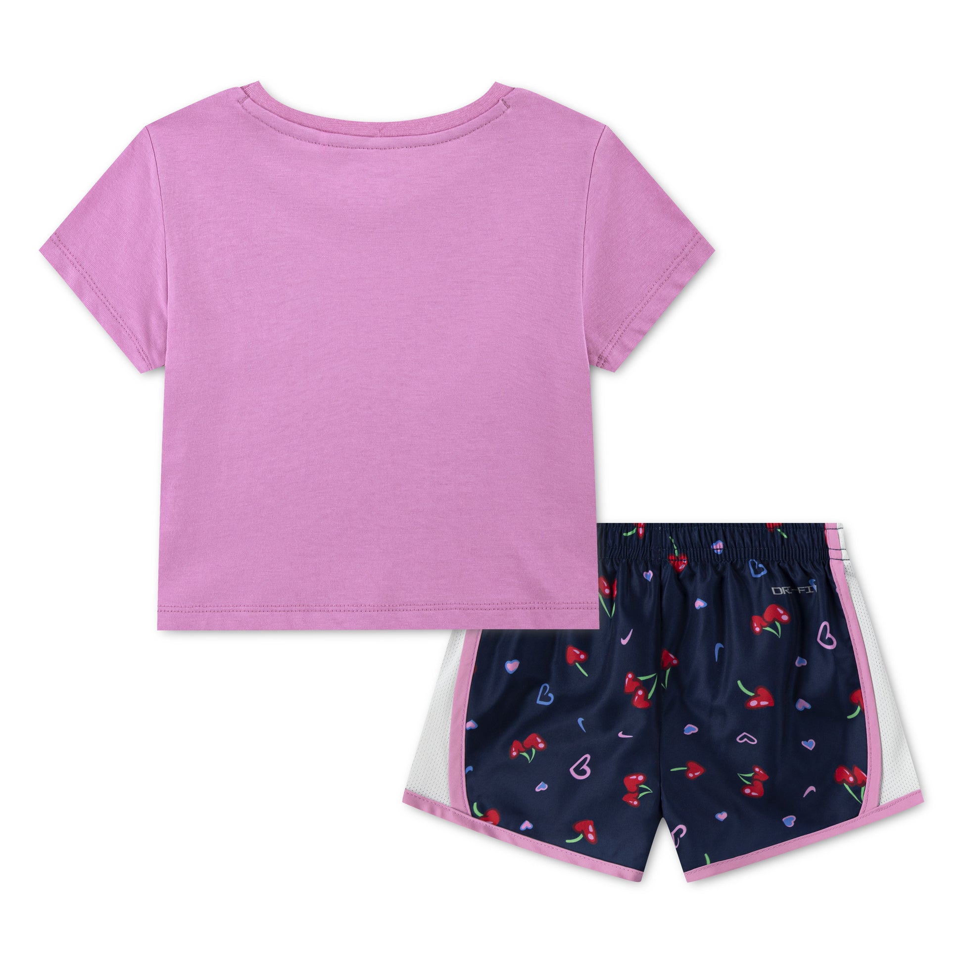 Ensemble - Nike avec t-shirt violet en coton/polyester et short bleu marine à motifs cerises, vue de dos, enfant