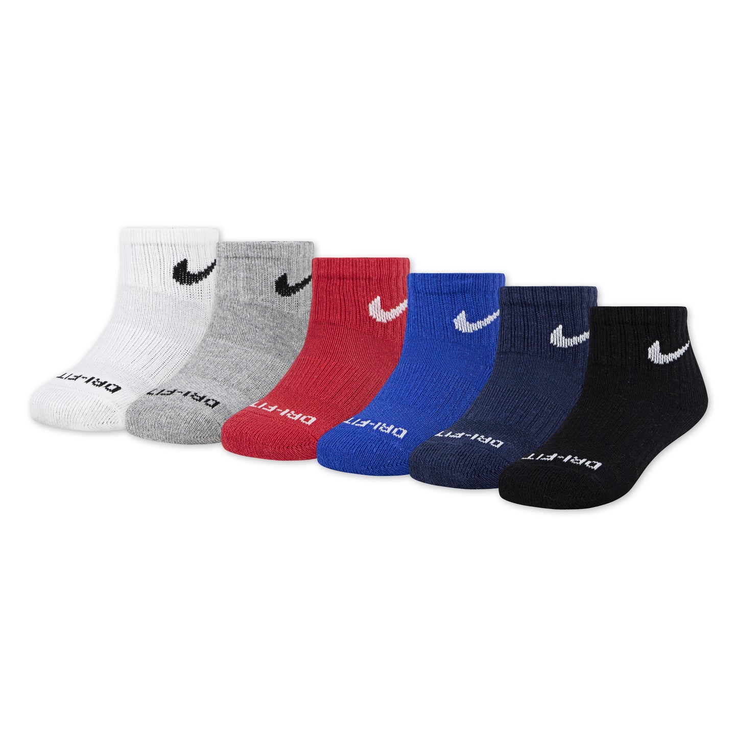 6 Paires de bas - Nike en maille, blanc, gris, rouge, bleu, marine et noir, vue de face, style sportif enfant