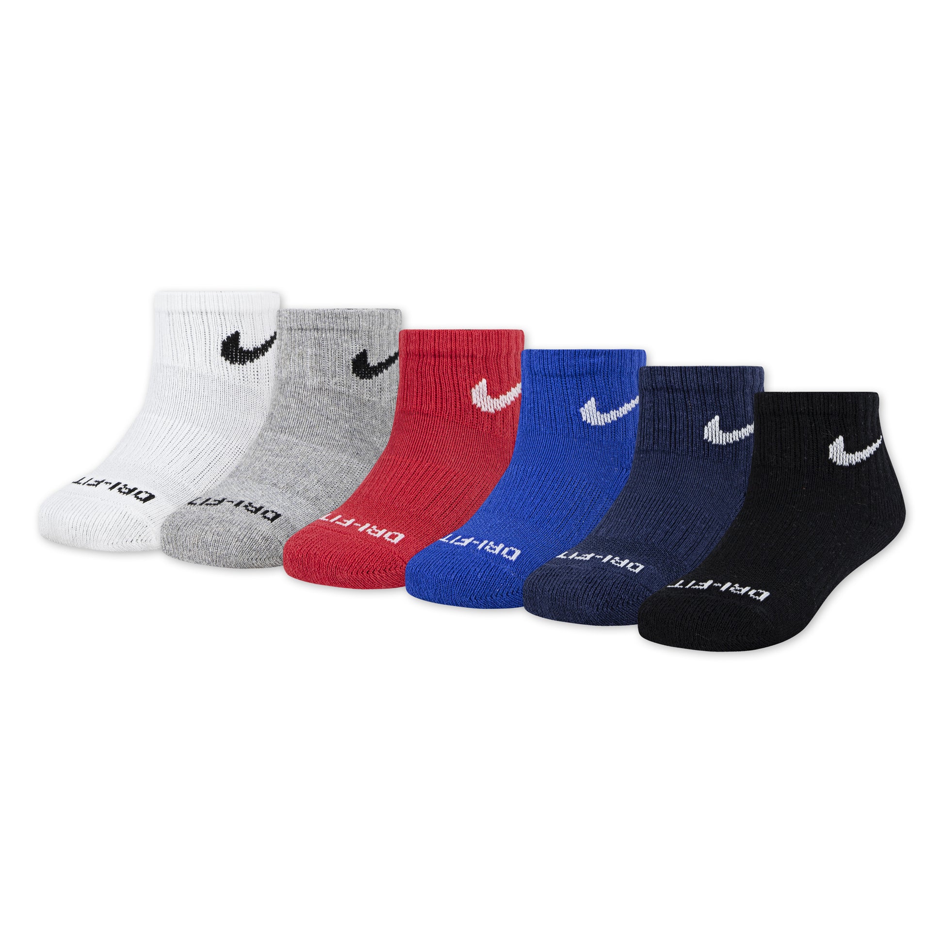 6 Paires de bas - Nike en maille, blanc, gris, rouge, bleu, marine et noir, vue de face, style sportif enfant