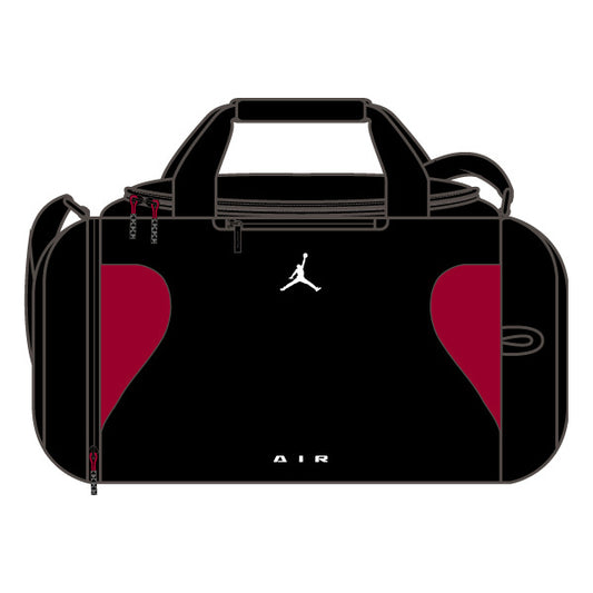 Sac de sport - Jordan noir et rouge en tissu synthétique avec logo blanc, design de type sac de sport, vue de face.