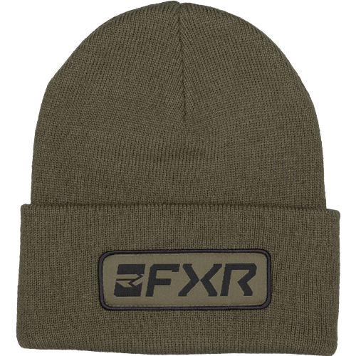 Tuque d'hiver - FXR en tricot kaki avec revers, logo FXR noir sur patch kaki, vue de face.