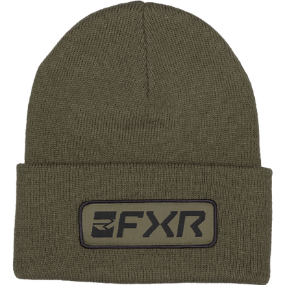 Tuque d'hiver - FXR en tricot kaki avec revers, logo FXR noir sur patch kaki, vue de face.
