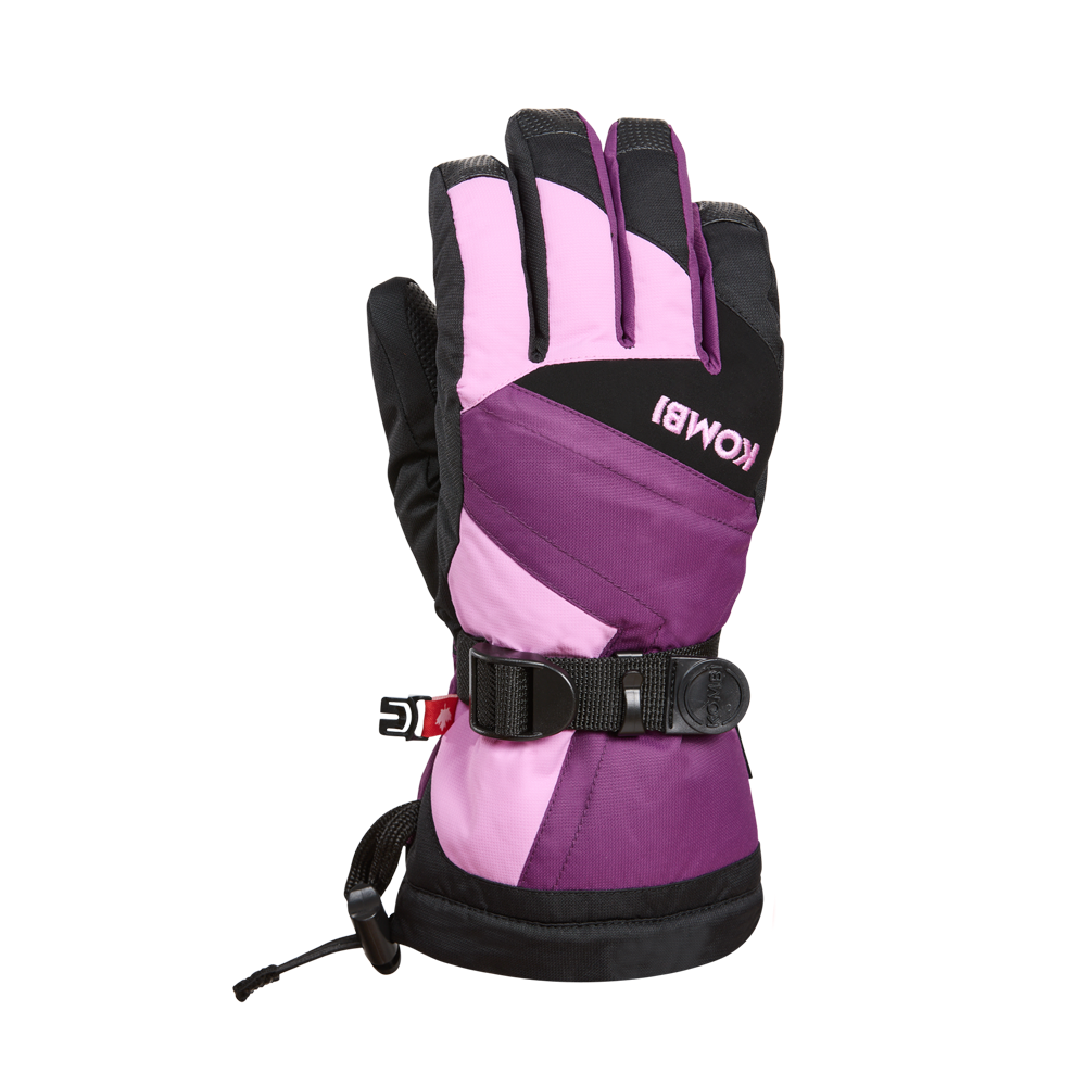 Gants d'hiver The Original - Kombi en tissu violet et rose avec renforts noirs, style chaud et résistant, vue de face, porté sur mannequin main droite.