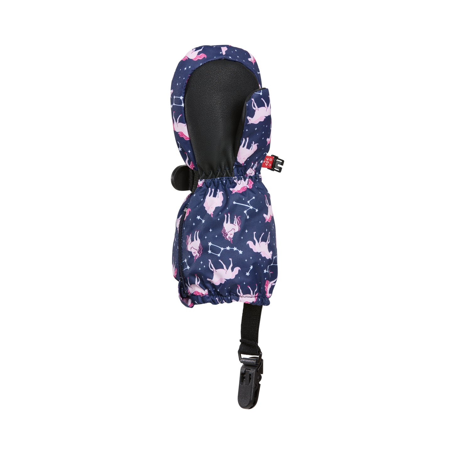 Mitaines d'hiver - Kombi The Crazy Cariboo bleu marine avec motifs caribous roses et constellations blanches, matière imperméable, vue de côté.