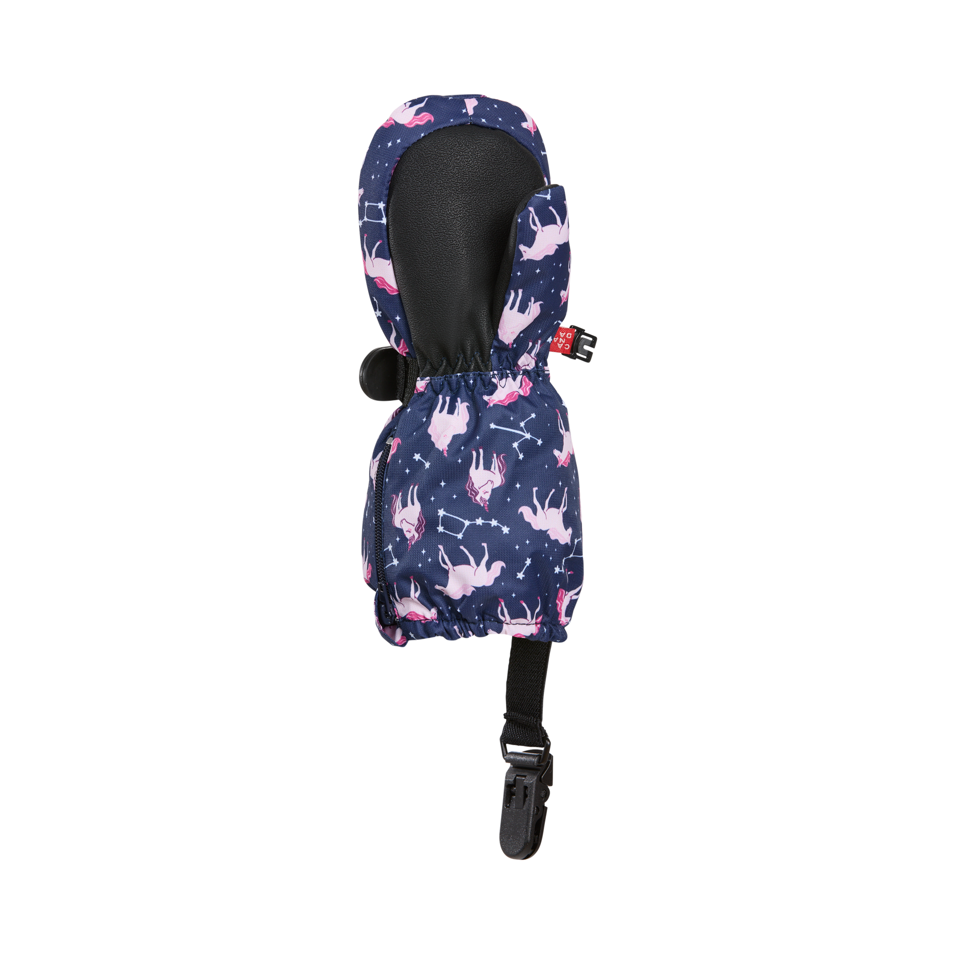 Mitaines d'hiver - Kombi The Crazy Cariboo bleu marine avec motifs caribous roses et constellations blanches, matière imperméable, vue de côté.