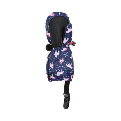 Mitaines d'hiver - Kombi The Crazy Cariboo bleu marine avec motifs caribous roses et constellations blanches, matière imperméable, vue de côté.