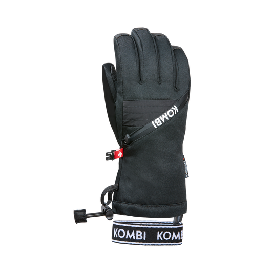 Gants d'hiver Valley Jr - Kombi noirs pour enfant, style long avec fermeture ajustable et détails en tissu technique, vue de face.