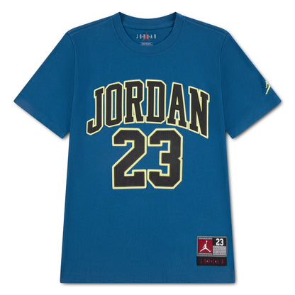 T-Shirt - Jordan bleu en coton à manches courtes avec logo et numéro 23 imprimés, vue de face.