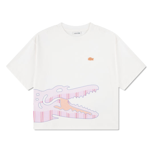 T-Shirt - Converse blanc oversize en coton bio avec logo AOP rayé et petit crocodile brodé sur poitrine vue en galerie 1