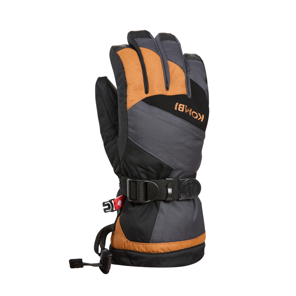 Gants d'hiver The Original - Kombi en tissu gris, noir et orange, style technique avec fermeture ajustable, vue latérale portée sur mannequin homme adulte.