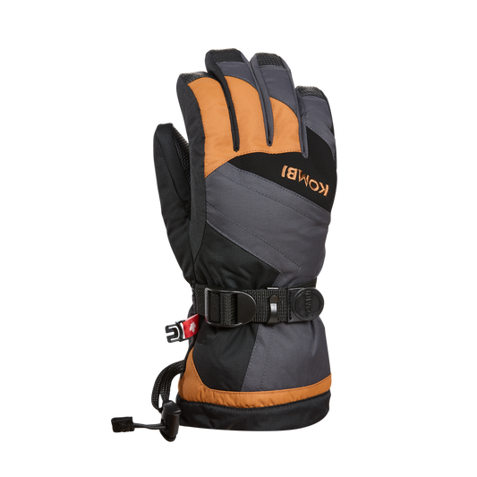 Gants d'hiver The Original - Kombi en tissu gris, noir et orange, style technique avec fermeture ajustable, vue latérale portée sur mannequin homme adulte.