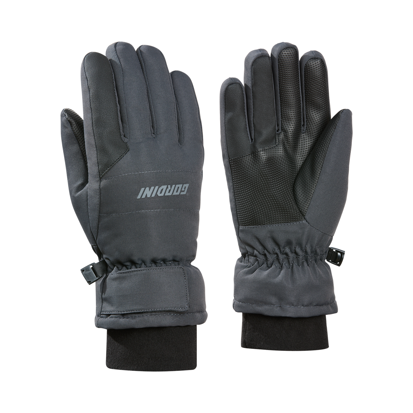 Gants d'hiver Reserve - Gordini gris foncé avec paume antidérapante noire, style fonctionnel, tissu isolant, vue de face et dos sur fond neutre.