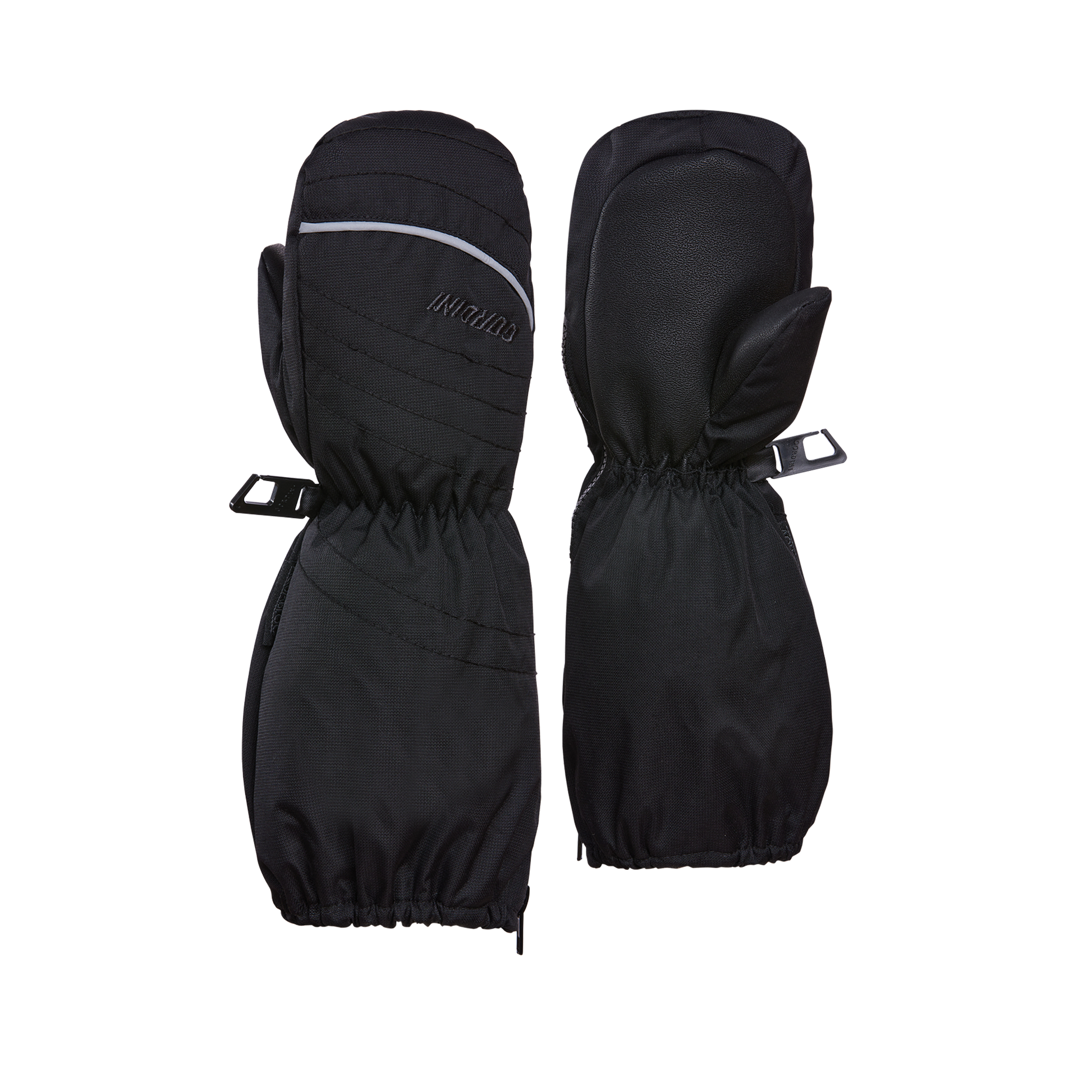 Mitaines d'hiver Ripple - Gordini noires avec détail réfléchissant blanc, matériau isolant, vue de face et dos, style long pour enfant.