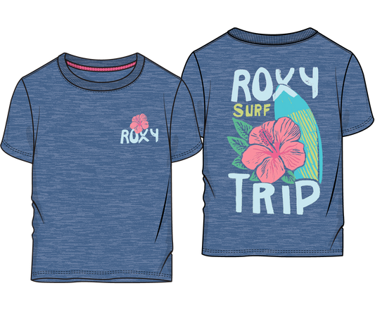 T-Shirt - Roxy bleu chiné en coton pour enfant, motifs fleurs roses et planche de surf, vue de face et dos.