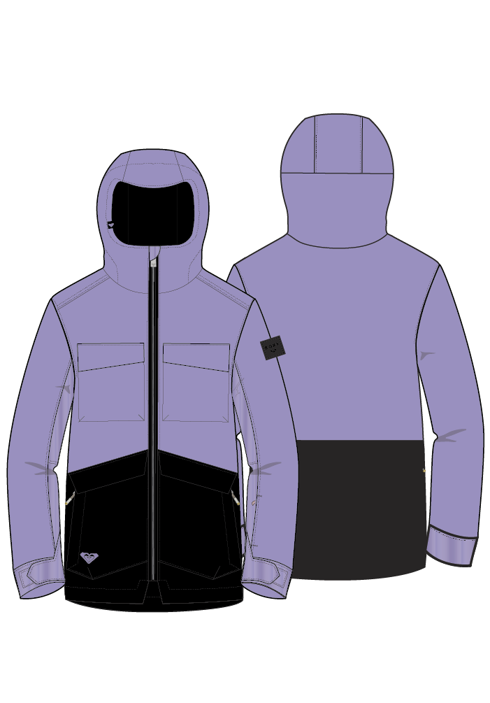 Manteau d'hiver - Roxy violet et noir à capuche, style technique avec poches avant, vue de face et de dos, pour enfant
