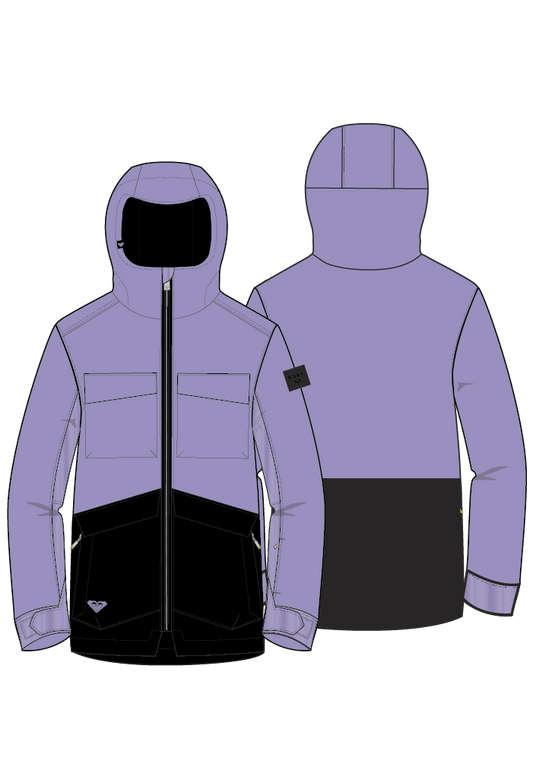 Manteau d'hiver - Roxy violet et noir à capuche, style technique avec poches avant, vue de face et de dos, pour enfant