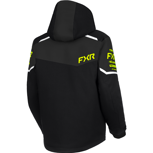 Manteau d'hiver Helium - FXR noir avec capuche et logos jaunes FXR vue de dos