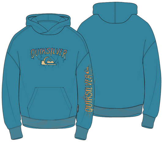 Hoodie - Quiksilver bleu turquoise en coton, style classique avec capuche, poche kangourou, logo devant et sur la manche, vues de face et dos.
