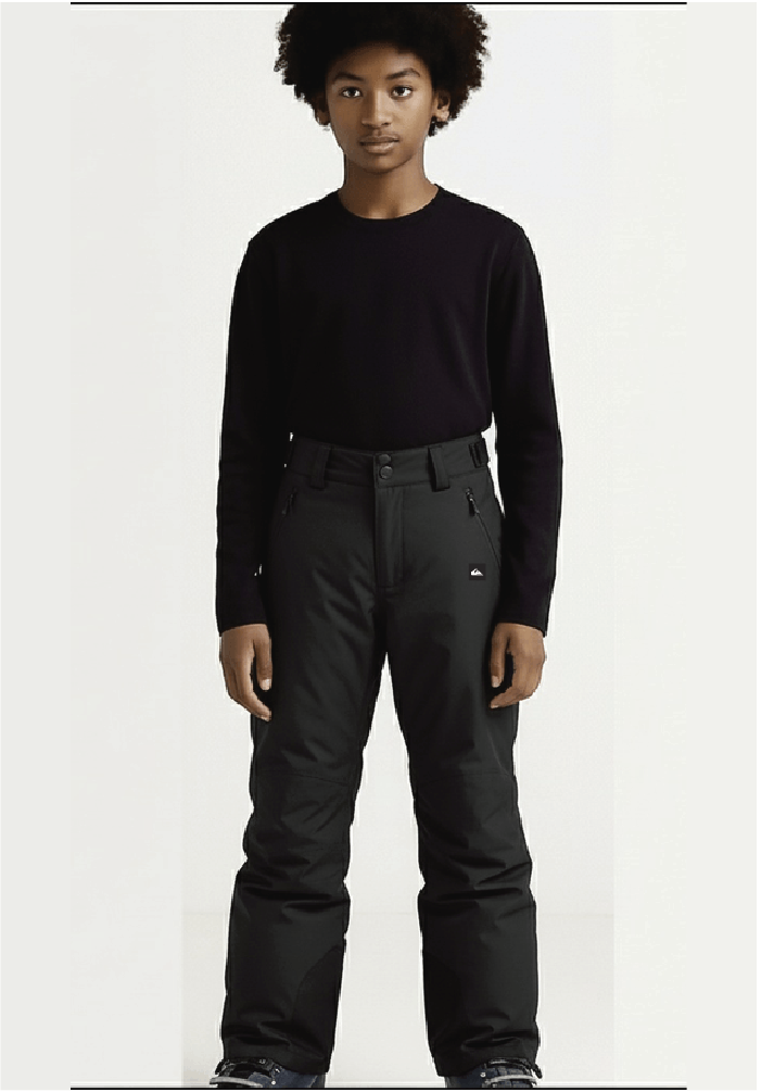 Pantalon de neige - Quiksilver noir en tissu technique, coupe droite, porté par enfant, vue de face.