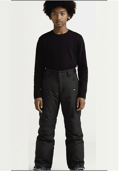 Pantalon de neige - Quiksilver noir en tissu technique, coupe droite, porté par enfant, vue de face.