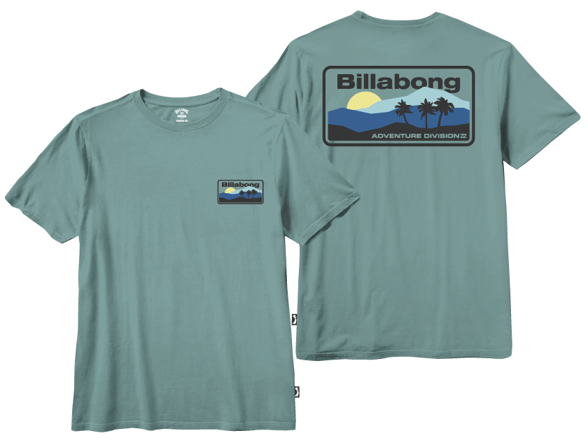 T-Shirt - Billabong bleu vert avec imprimé paysage de montagne, soleil et palmiers, style décontracté, coton, vue de face et de dos.