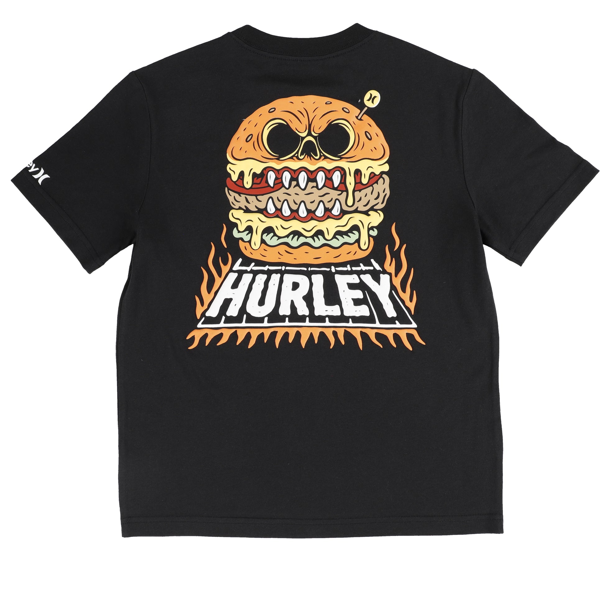T-Shirt - Hurley noir avec grand dessin coloré d’un hamburger stylisé menaçant et flamme orange, vue de dos.