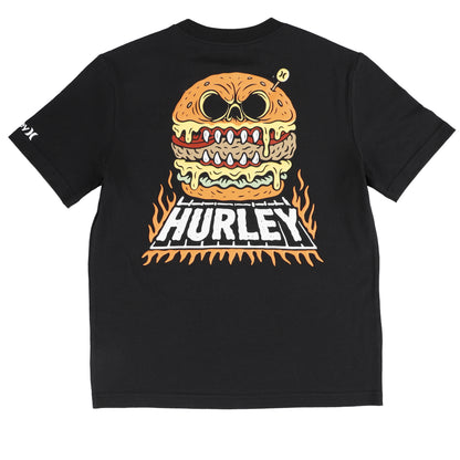 T-Shirt - Hurley noir avec grand dessin coloré d’un hamburger stylisé menaçant et flamme orange, vue de dos.