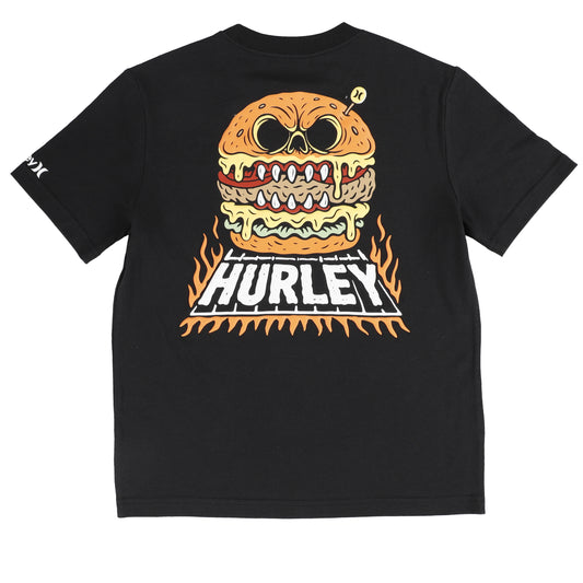 T-Shirt - Hurley noir avec grand dessin coloré d’un hamburger stylisé menaçant et flamme orange, vue de dos.