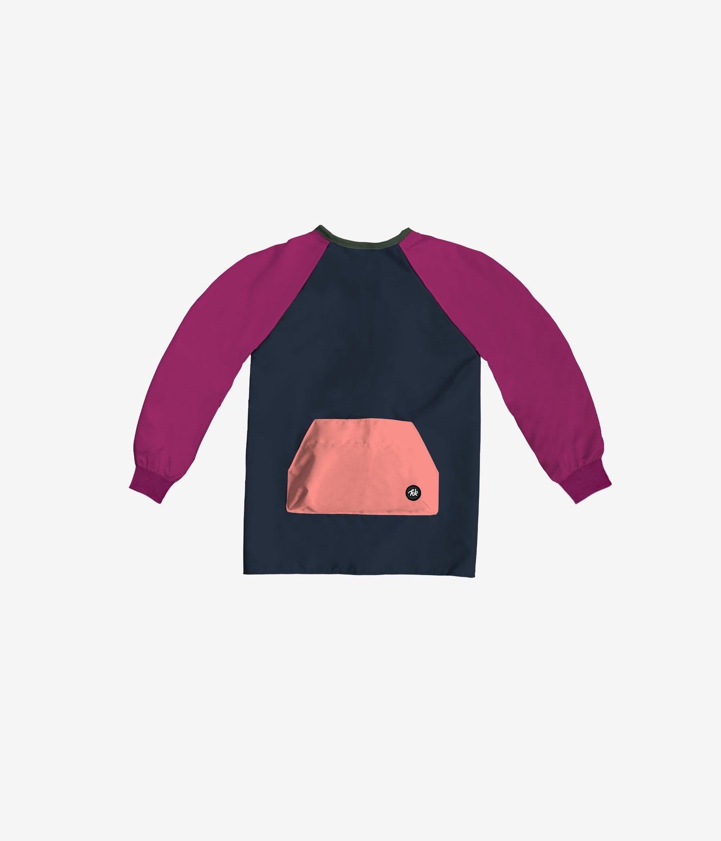 Tablier - Headster avec manches longues prune, corps bleu marine et poche frontale rose, en coton, vue de dos.