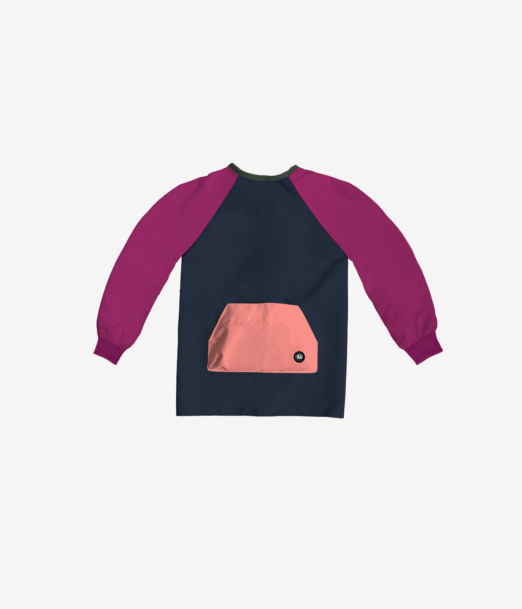 Tablier - Headster avec manches longues prune, corps bleu marine et poche frontale rose, en coton, vue de dos.
