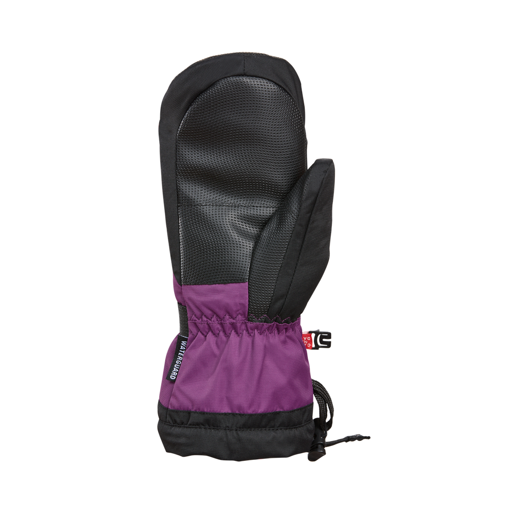 Mitaines d'hiver - Kombi The Original pour enfant, en tissu noir et violet avec paume antidérapante, vue de face portant le poignet ajustable.