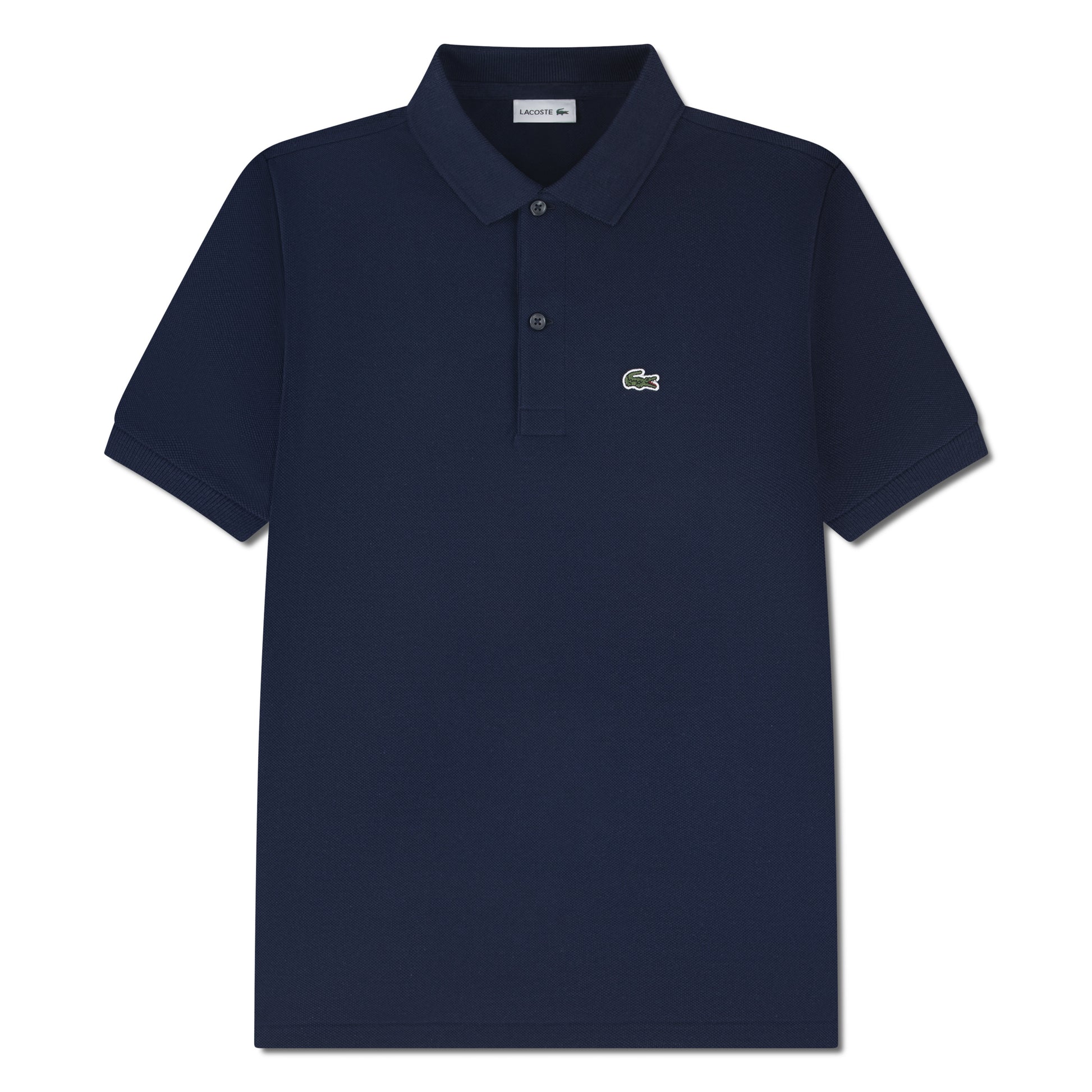 Polo - Lacoste bleu marine en coton piqué avec col polo, manches courtes, vue de face.