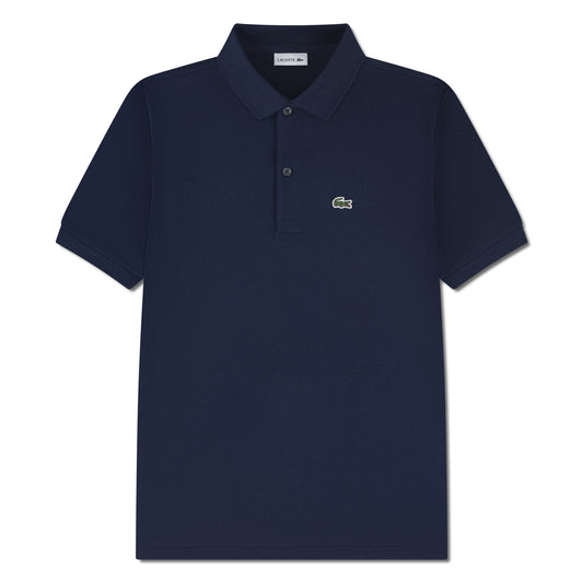 Polo - Lacoste bleu marine en coton piqué avec col polo, manches courtes, vue de face.