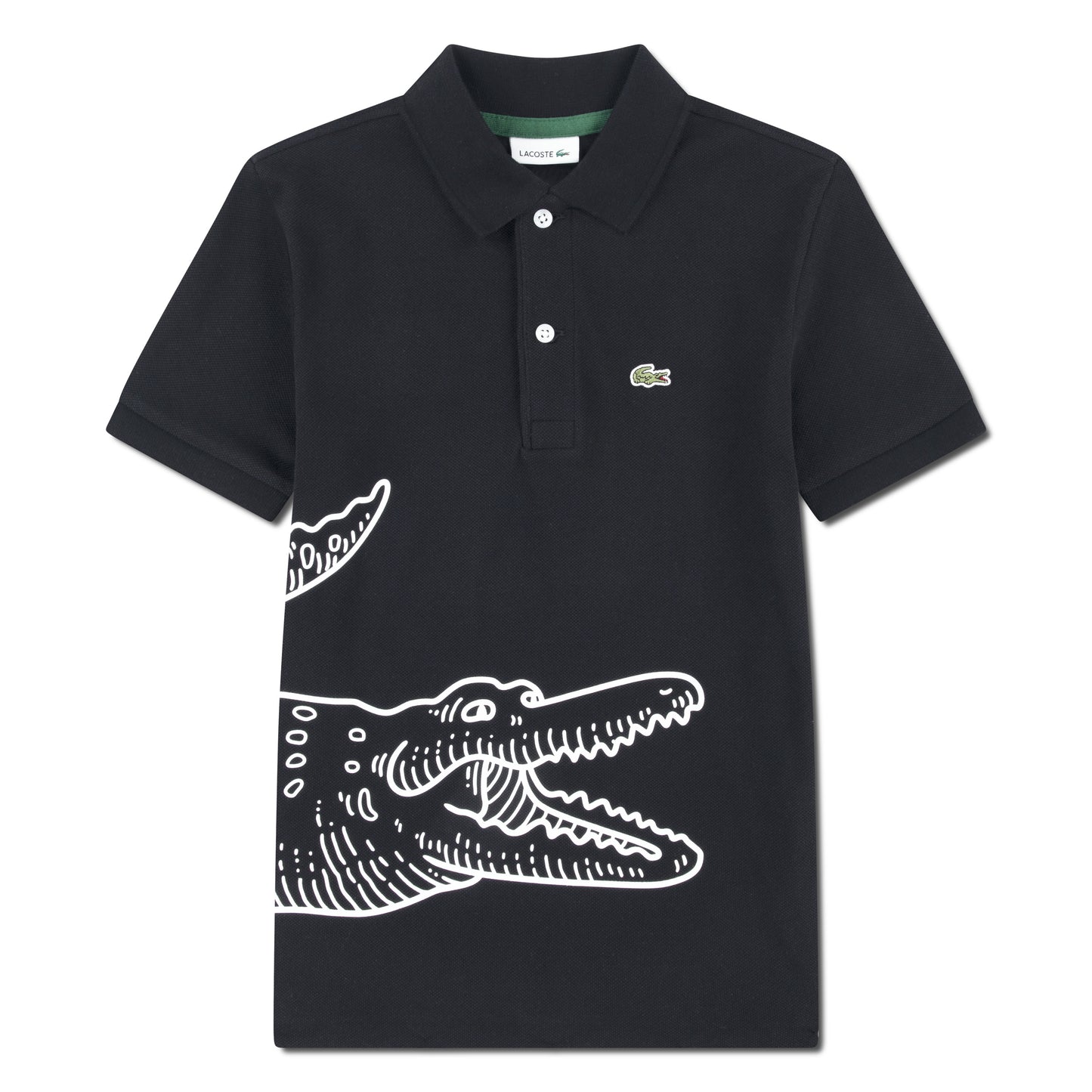 Polo - Lacoste noir en coton avec grand motif crocodile blanc imprimé, col classique, vue de face.