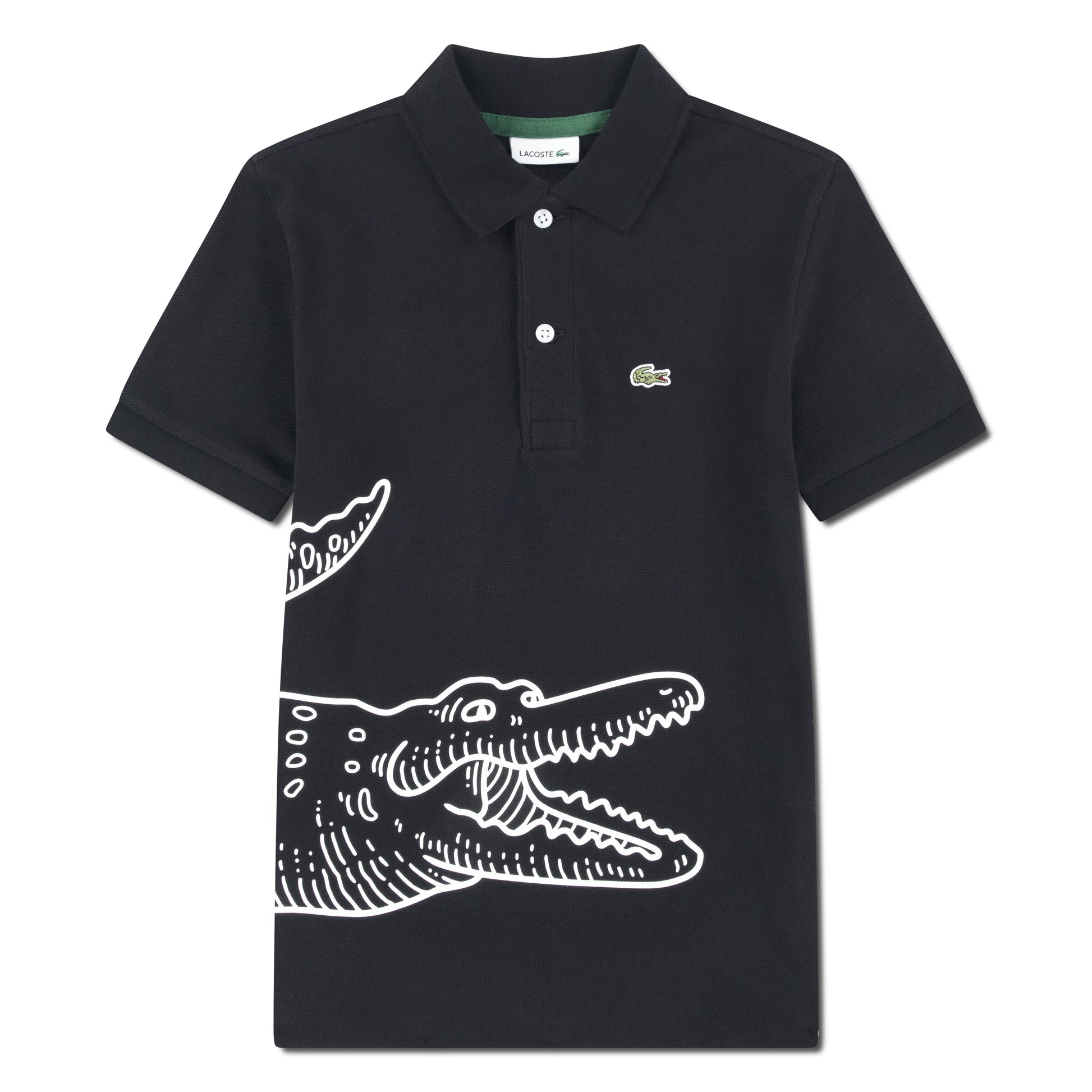 Polo - Lacoste noir en coton avec grand motif crocodile blanc imprimé, col classique, vue de face.