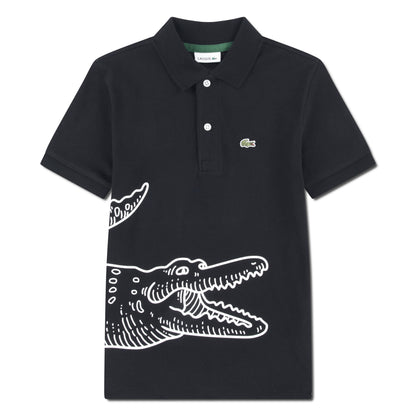 Polo - Lacoste noir en coton avec grand motif crocodile blanc imprimé, col classique, vue de face.