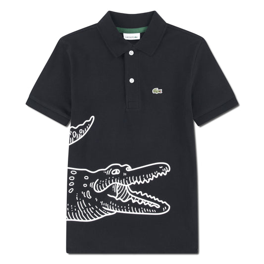 Polo - Lacoste noir en coton avec grand motif crocodile blanc imprimé, col classique, vue de face.