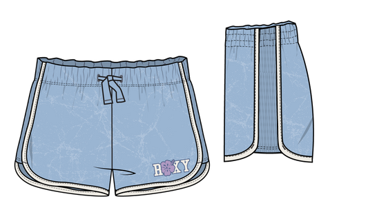 Short - Roxy bleu clair en baby French Terry, bordures blanches, pour enfant, vue de face et de côté, dimensions 1400x850.