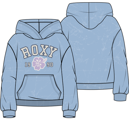 Hoodie - Roxy bleu clair en baby French Terry 60% coton 40% polyester, logo ROXY et fleur rose, vue de face et dos, enfant